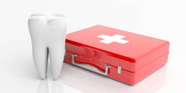 Diş sağlığı, diş hekimi kavramı. İlk yardım çantası ve beyaz arka plan üzerinde izole bir diş modeli. 3D çizim