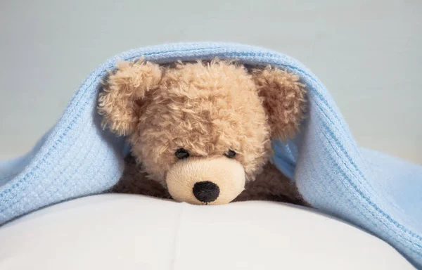 Kinder Schlafenszeit Baby Dusche Niedlicher Teddy Liegt Auf Einer Matratze — Stockfoto