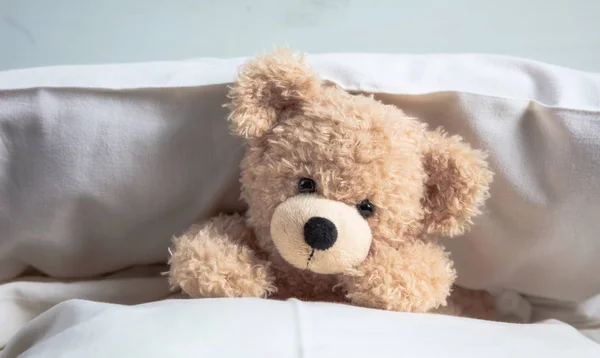 Bambini Vanno Letto Carino Orsacchiotto Posa Letto Materasso Giocare Con — Foto Stock