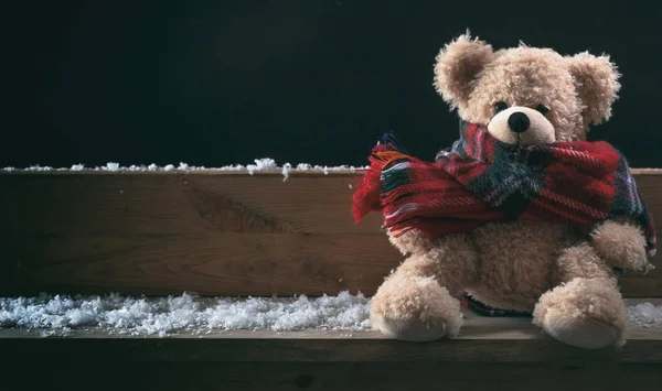 Inverno Freddo Solitudine Teddy Con Sciarpa Seduto Solo Una Panchina — Foto Stock