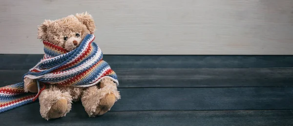 Inverno Freddo Bambini Caldo Rilassante Teddy Con Sciarpa Seduta Sfondo — Foto Stock