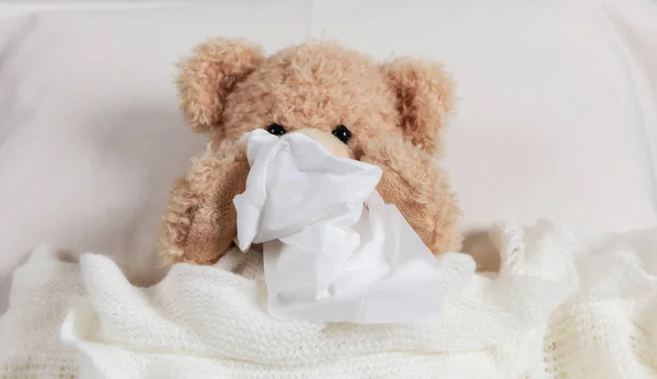 Cold Flue Allergy Concept Cute Teddy Bed Covered Warm Blanket — Stock Photo, Image