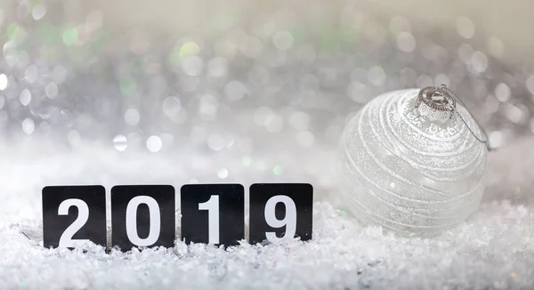 Bal Van Kerstmis Nieuwjaar 2019 Sneeuw Abstract Bokeh Lichten Achtergrond — Stockfoto