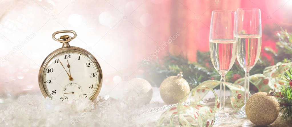 New Years eve party celebration. Minutes to midnight on an old fashioned watch, festive background, banner,