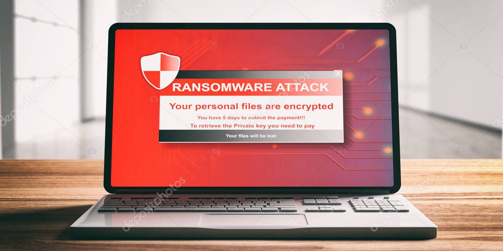 Ransomware, virus attack alert on a computer laptop screen, wooden desk, blur office background, front view. 3d illustration