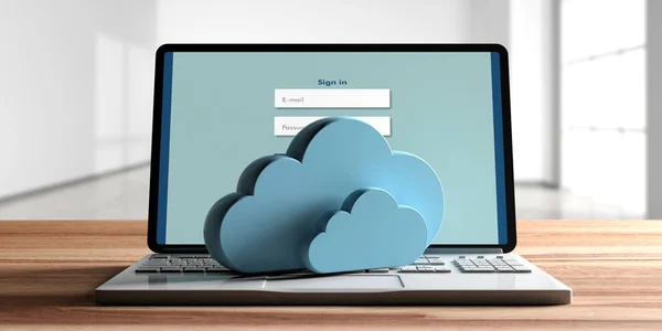 Computer cloud concept, Clouds pn a computer laptop, blur office background, login on the computer screen. 3d illustration