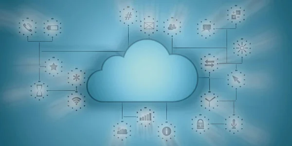 Cloud computing and mobile apps. Blue clouds on blue wall with app icons. 3d illustration