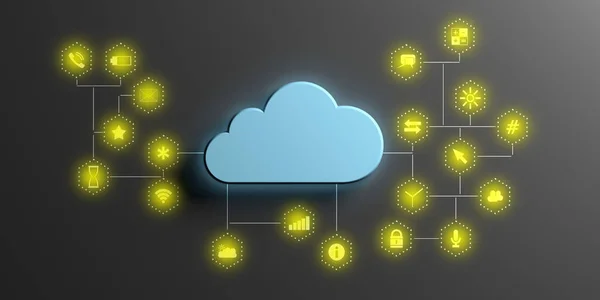 Cloud computing and mobile apps. Blue cloud on black background with illuminated app icons. 3d illustration