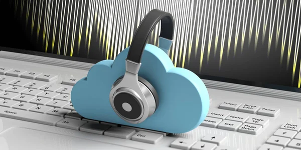 Archiviazione Musicale Cloud Computing Nuvole Blu Cuffie Sfondo Tastiera Del — Foto Stock