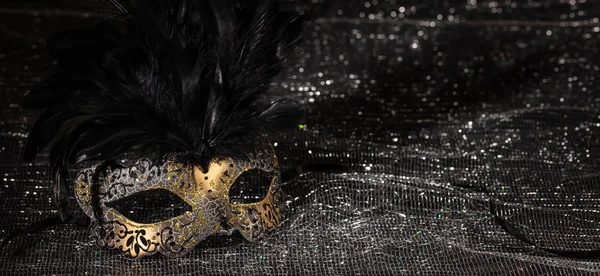 Carnival Time Venetian Mask Black Shiny Background Banner Copy Space — Stock Photo, Image