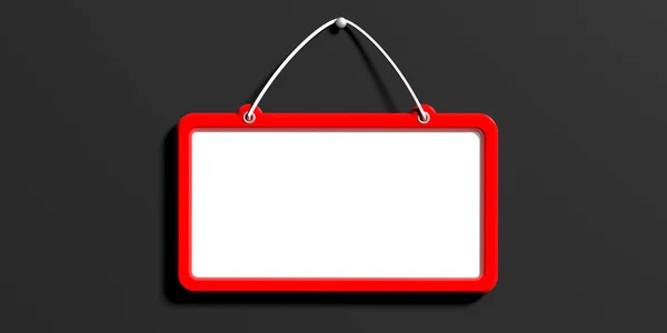 Blank Sign Red Frame Hanging Black Wall Background Space Text — Stock Photo, Image