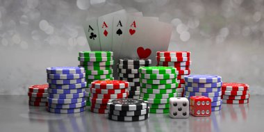 Poker fişleri, aslar kartları ve soyut bokeh arka plan, ön görünüm üzerinde zar. 3D çizim