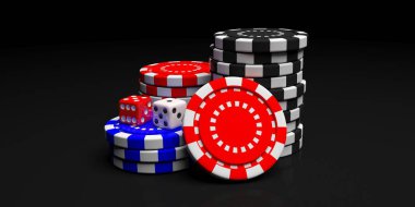 Siyah arka plan üzerinde önden görünüm izole kazık Poker fişleri. 3D çizim