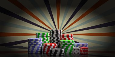 Poker fişleri kazık ve zar, retro billboard, vintage tarzı arka plan. 3D çizim