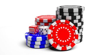 Beyaz arka plan üzerinde önden görünüm izole kazık Poker fişleri. 3D çizim
