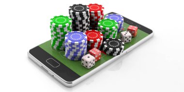 Poker fişleri ve zar beyaz arka plan üzerinde izole bir smartphone. 3D çizim