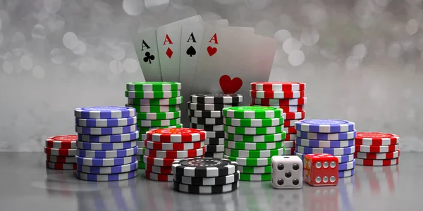 Pokerchips, Asse-Karten und Würfel auf abstraktem Bokeh-Hintergrund, Frontansicht. 3D-Illustration — Stockfoto