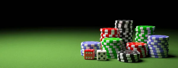 Poker chips piles and dice on green felt, banner, copy space. 3d illustration — Stock Photo, Image