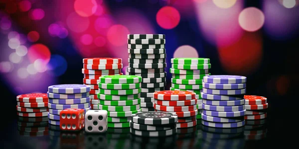 Poker chips pile e dadi su sfondo bokeh astratto. Illustrazione 3d — Foto Stock