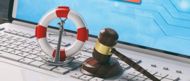 Online Deniz Hukuku kavramının. Lifebuoy, donanma gemisi çapa ve adalet tokmak bilgisayar laptop klavye, afiş. 3D çizim