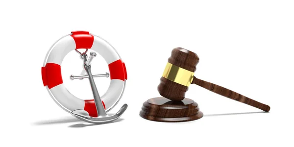 Prawo Morza Koncepcji Koło Ratunkowe Granatowy Statek Kotwicy Sędzia Młotek — Zdjęcie stockowe