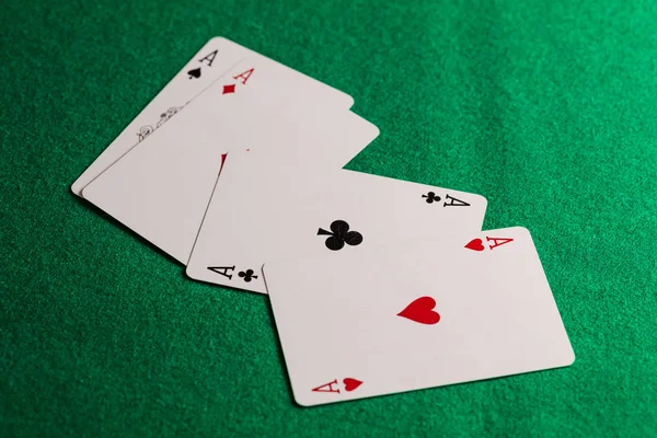 Poker Casino Playing Cards Concept Four Aces Green Felt Background — Stock Photo, Image