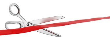 Grand opening concept. Scissors cutting red silk ribbon isolated cutout against white background, banner. 3d illustration clipart