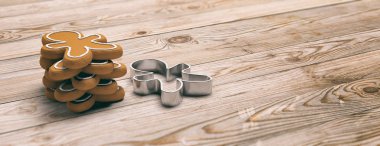 Noel hazırlık, gingerbread çerezleri. Banner şeklinde adam gingerbread çerezleri yığını ve ahşap zemin, kopya alanı, üzerine bir kesici. 3D çizim