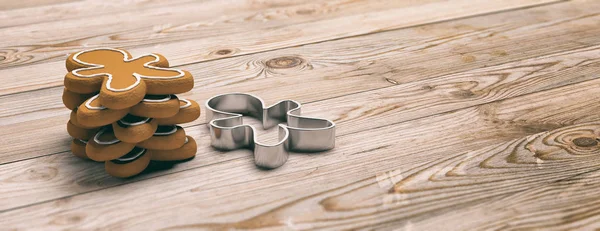 Noel hazırlık, gingerbread çerezleri. Banner şeklinde adam gingerbread çerezleri yığını ve ahşap zemin, kopya alanı, üzerine bir kesici. 3D çizim