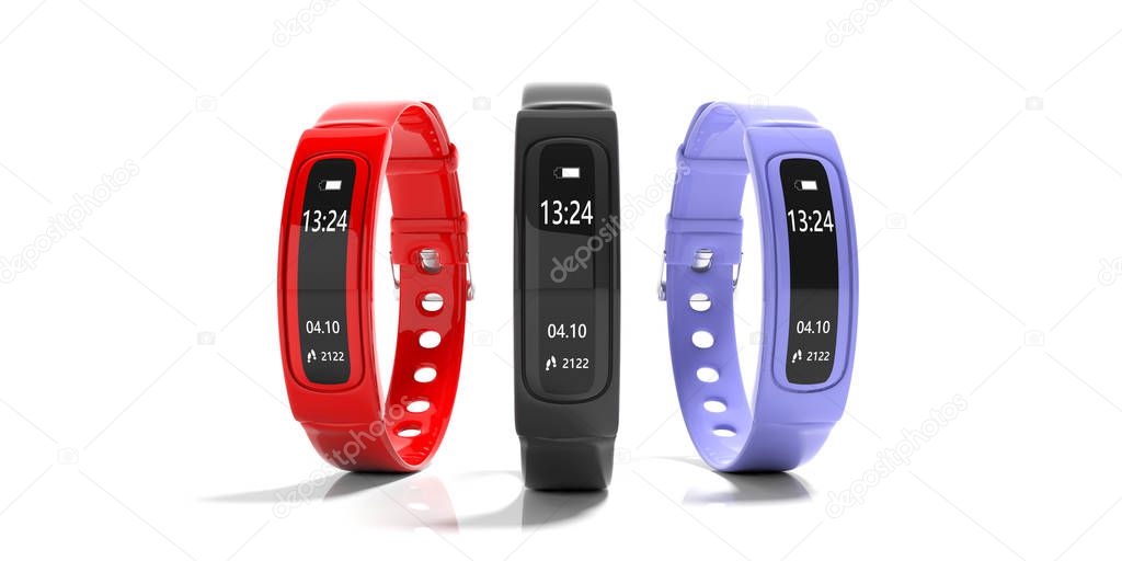 Fitness and technology, healthy lifestyle. Fitness tracker, smart watch, black, red and blue, isolated on white background. 3d illustration