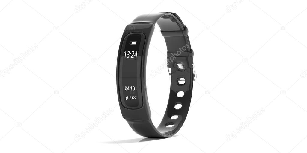 Fitness and technology, healthy lifestyle. Fitness tracker, smart watch, black, isolated on white background. 3d illustration