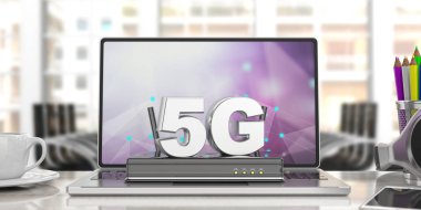5g yüksek hızlı ağ bağlantısı. 5nci nesil mobil internet wifi yönlendirici bilgisayar laptop, iş ofis arka plan bulanıklık. 3D çizim