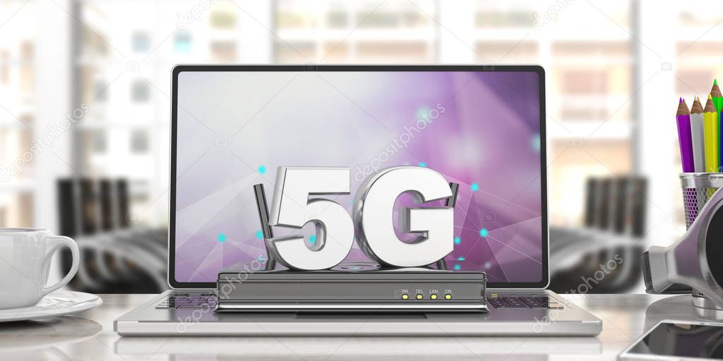 5G High speed network connection. 5th generation mobile internet wifi router on computer laptop, blur business office background. 3d illustration