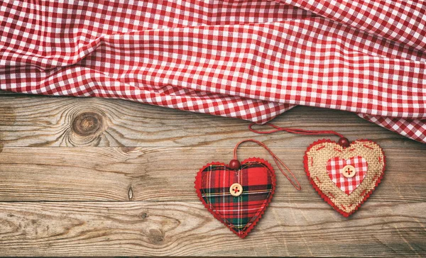 Valentines Day Top View Fabric Hearts Checkered White Red Cloth — Stock Photo, Image