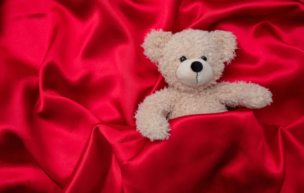 День Святого Валентина Холост Вид Сверху Плюшевого Медведя Красном Шелковом — стоковое фото