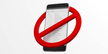 Cep telefonları faydası yok, oturumu Kapat geçti. Smartphone içinde kırmızı daire izole kesme beyaz bir arka plana dayanır. 3D çizim