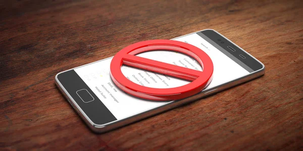 NO MOBILE PHONES USE, no dialing, no texting, crossed out sign. Smartphone in red circle on wooden background. 3d illustration