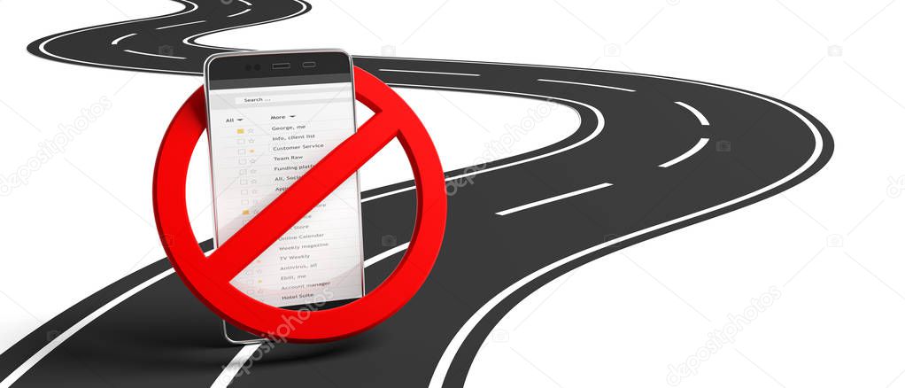 No dialing, no texting while driving. Red crossed out sign and smartphone on winding asphalt road, white background, isolated, cutout. 3d illustration