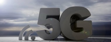 5g yüksek hızlı ağ bağlantısı wifi, büyük harflerle metin, gri bulutlu gökyüzü arka planı, banner. 3D çizim