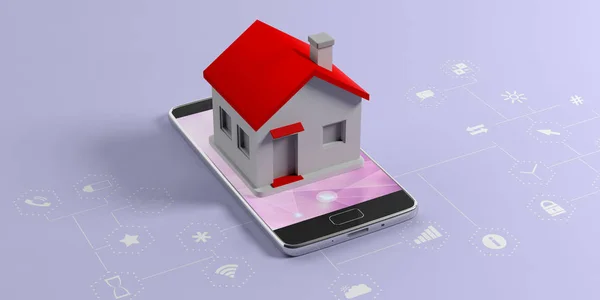 更重要的是智能家居概念 手机上有红色屋顶的小房子 蓝色的背景和应用标志 — 图库照片