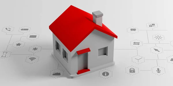 更重要的是智能家居概念 小房子与红色屋顶在白色背景与应用标志 — 图库照片