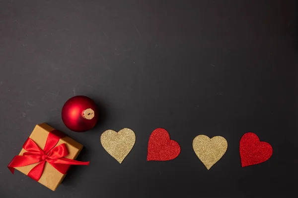 Christmas Love Top View Red Golden Hearts Gift Box Red — Stock Photo, Image