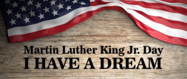 Martin Luther King jr günü, bir rüya teklif var. Amerika Birleşik Devletleri bayrağı ve ahşap arka plan üzerinde metin. 3D çizim