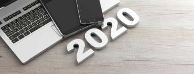 Yeni yıl 2020 ve elektronik cihazlar. 2020 numarası, bilgisayar, dizüstü bilgisayar, tablet ve cep telefonu, ahşap arka plan, afiş, kopya alanı. 3D çizim