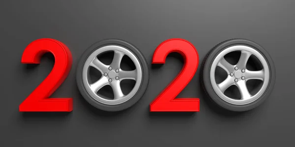 2020 2020 車のホイールと赤灰色の黒い背景に分離されました イラストレーション — ストック写真