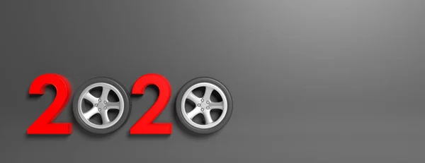 2020 Araba Yeni Yıl 2020 Araba Tekerleği Ile Kırmızı Izole — Stok fotoğraf