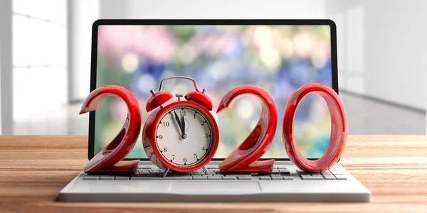 2020 Νέο Έτος Κόκκινα Ψηφία Και Ξυπνητήρι Ένα Φορητό Υπολογιστή — Φωτογραφία Αρχείου