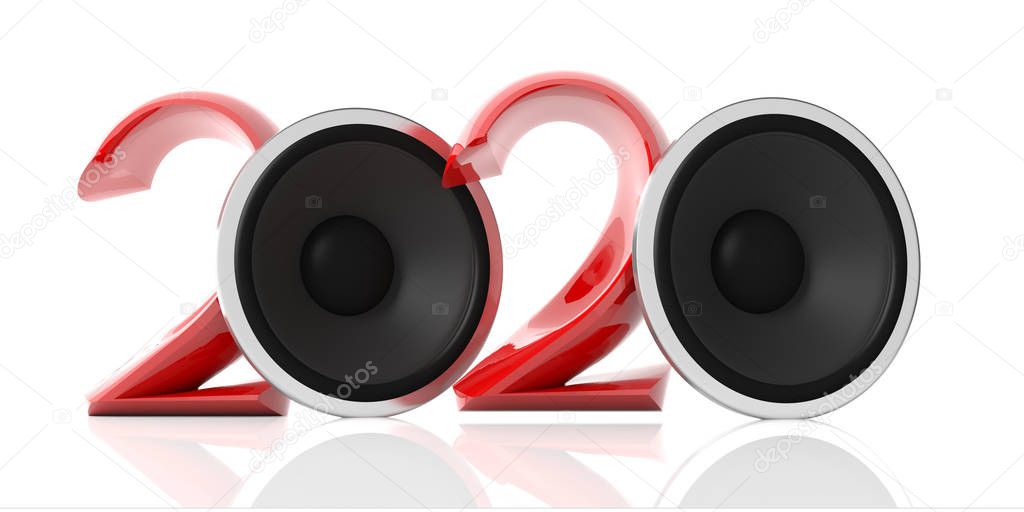 New year 2020 and music. Red 2020 with two speakers isolated on white background. 3d illustration