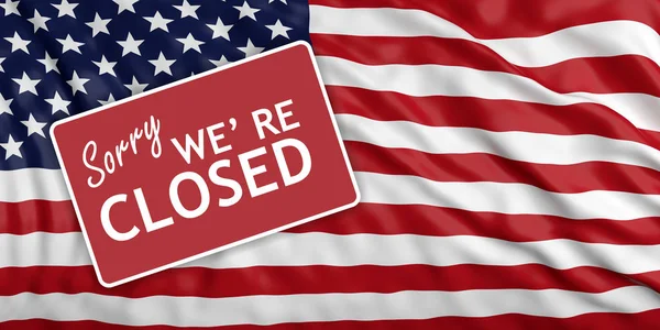 US government shutdown. Sorry we re closed sign on waving US flag background. 3d illustration