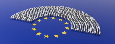 EU election. European Union parliament seats and yellow stars circle on blue background, banner. 3d illustration clipart